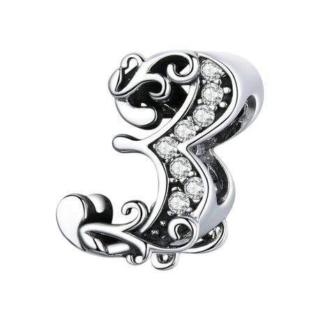 925 Sterling Silver Number 3 Vintage Charm With Zirconia Stones - Silver Image