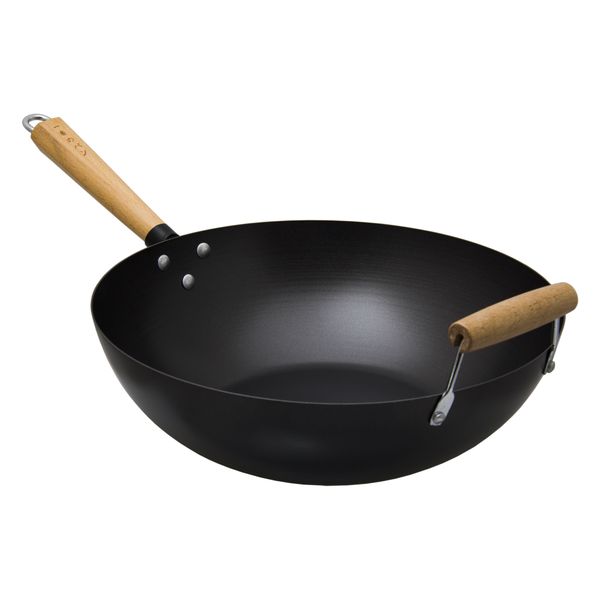 Regent Cookware Wok Carbon Steel with Wooden Handle, (610/350mm Diax100mm)