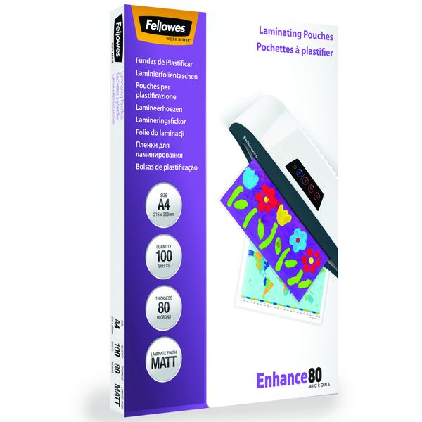 Fellowes Enhance80 Matt Laminating Pouches A4, 160 Micron (80+80) 100 Pack