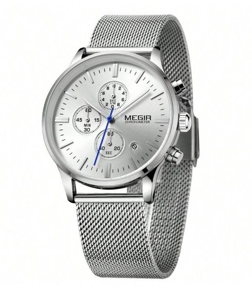 MEGIR - Chronograph Quartz Watch With Stainless Steel Mesh Strap - Silver