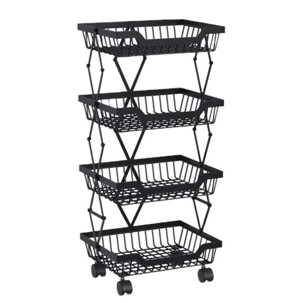 4-Tier Carbon Steel Kitchen Storage Collapsible Basket Rolling Cart