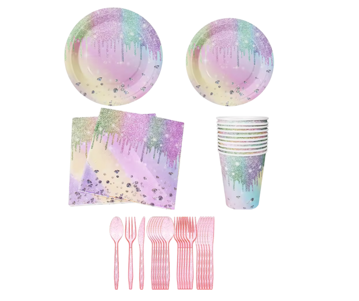 Rainbow Pastel Macron Shade Diamond Glitter Disposable Tableware Party Girl