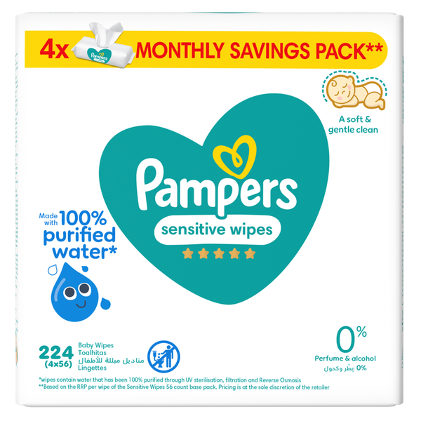 Pampers Sensitive Wipes - 224 (4x56) - 100% Purified Water Wipes