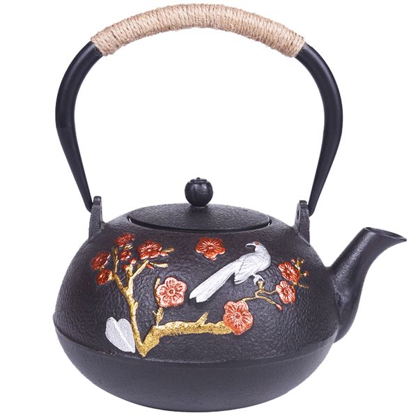 Cast iron vintage teapot with twine handle and tea strainer,brewing tea1.2L