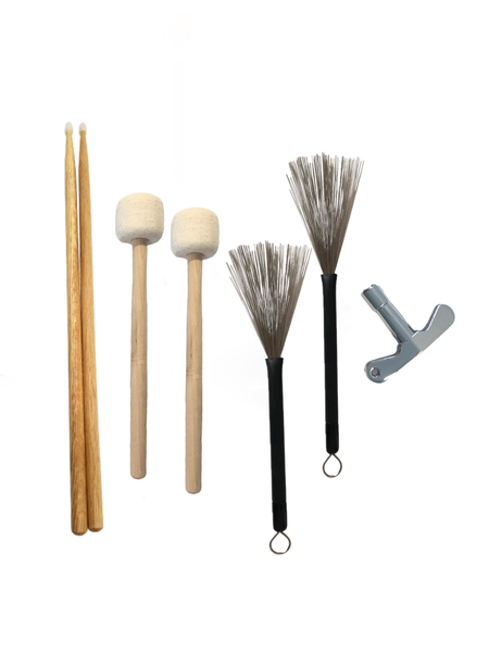 Drum Stick Set - 7A Oak Sticks, Nylon Brushes and Mallets