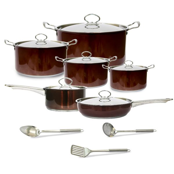 Conic 15 Piece Stainless Steel Heavy Bottom Cookware Set - Brown
