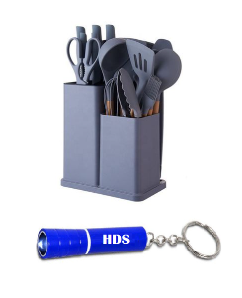 Silicone 18 Pieces Kitchenware Set with Utensil Holder - Grey with Torch