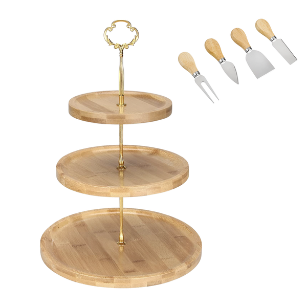 3 Tier Wooden Serving Board &amp; 4-Piece Cheese Knife Set