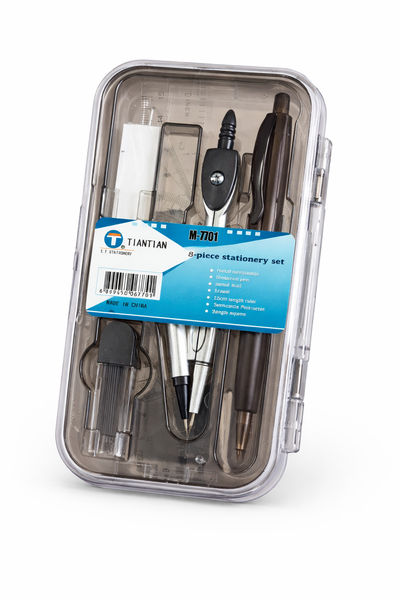 8-Piece Geometry &amp; Compass Stationery Set in Clear Storage Case-6 x Sets