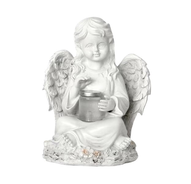 Solar-powered cemetery/garden lamp, angel design, with candle, LED light