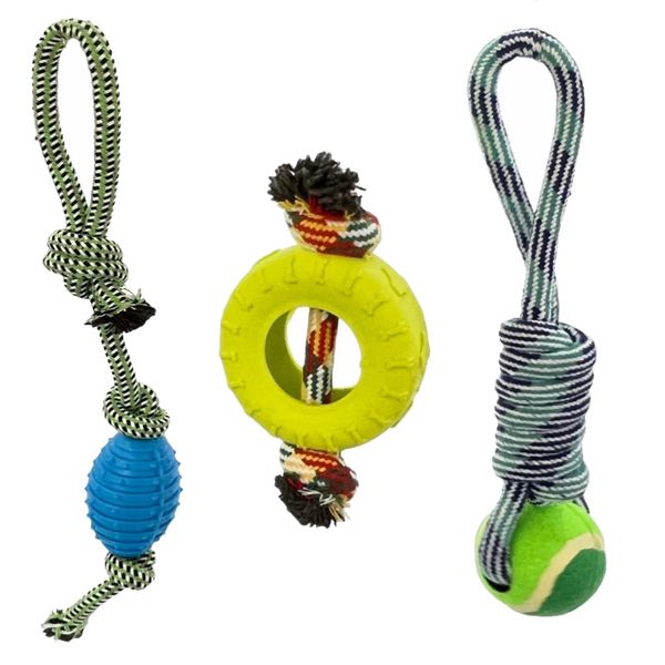 3 Pack Rubber Chewy Rope Knotted Toys for Dogs and Pups - Fetch