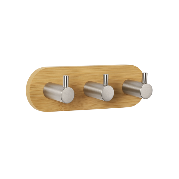Self-Adhesive 3 Hook Metal and Bamboo Wall Hook