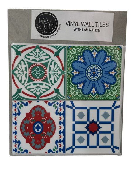 Vinyl Wall Tiles - Blue Flower Star with Green &amp; Red