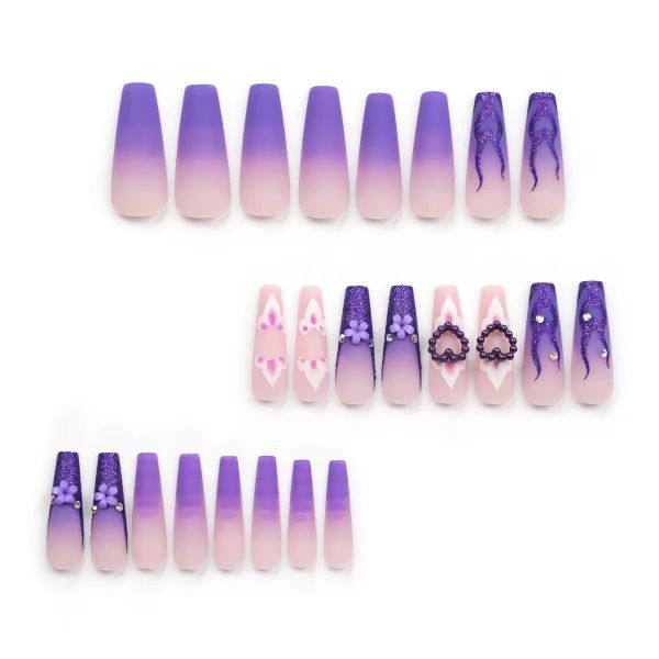 Purple Press On Nails Heart Fake Nails Tips Full Cover False Nails