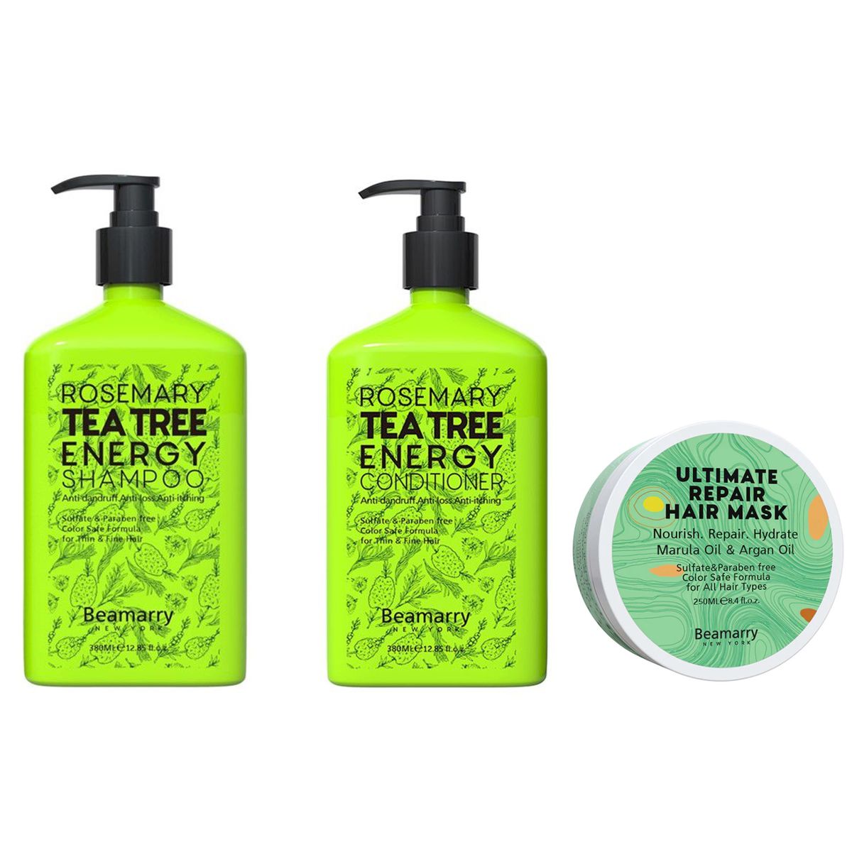 Beamarry Rosemary Tea Tree Energy Shampoo, Conditioner, Mask, Sulfate-Free
