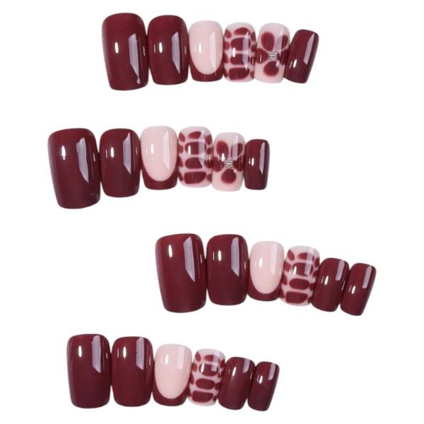 24 Piece - Square Claret French Tip Nails - Multicolor