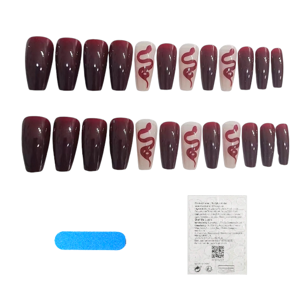 24-Piece Velvet Viper Snake Accent Design Press-On Nails - Red