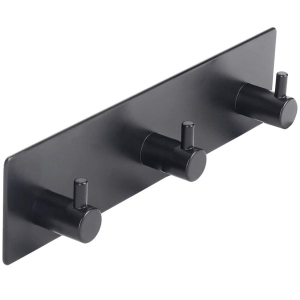 3 Hooks Key Holder Self-Adhesive Stainless Steel Matte Black Wall Mount