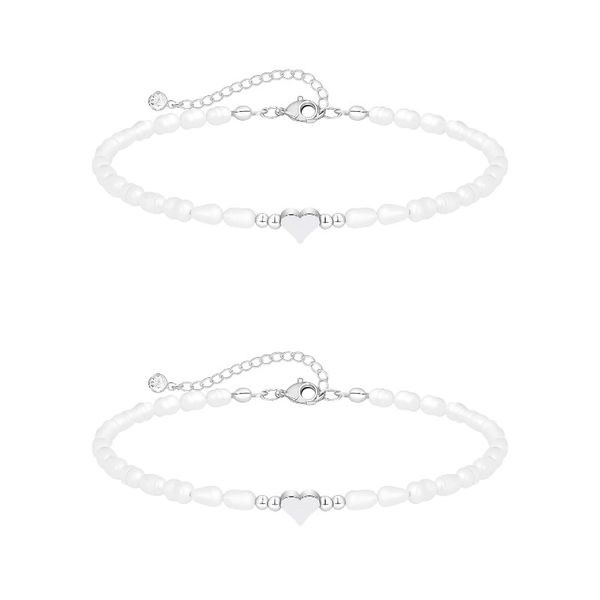 2-Pack Heart Pearl Bracelet - Silver