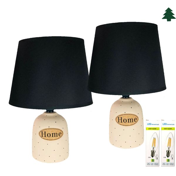 Fabric Bedside Lamp Shade with Polkadot Ceramic Set Of 2