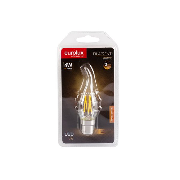 Eurolux - Warm White B22 4W Clear Filament Flame Candle LED