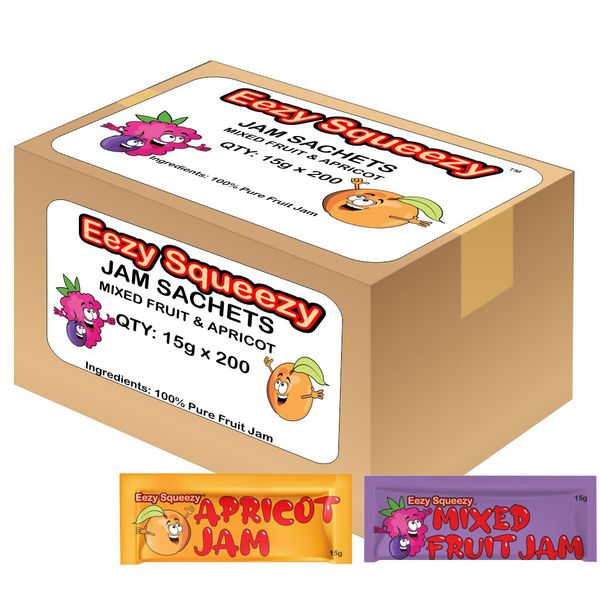 Eezy Squeezy Assorted Jam Sachets - Mixed Fruit &amp; Apricot Jam - 200 x 15g
