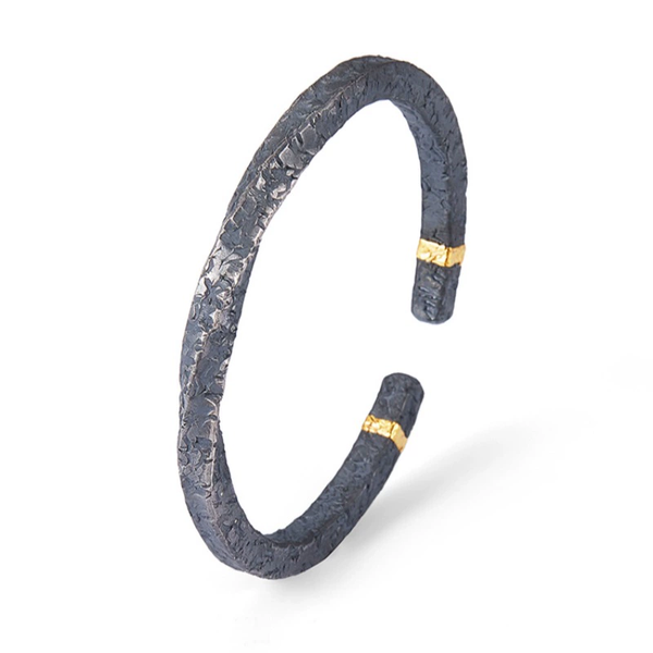 Artisan Textured Black Bracelet - Adjustable Open Cuff with Gold Inlay for