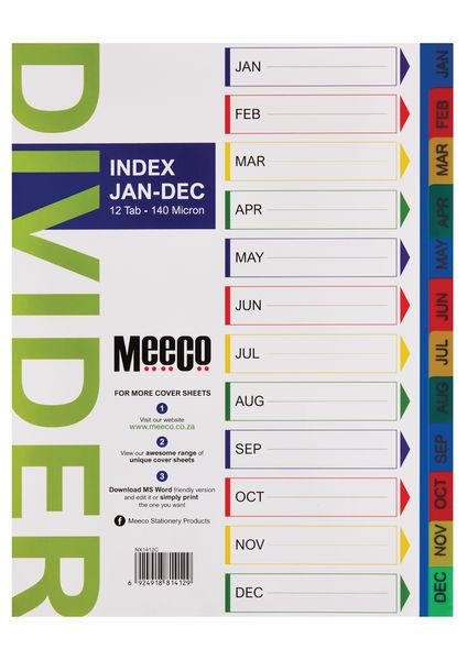 Meeco A4 12 Tab (Jan-Dec) Bright Multi Colour Dividers