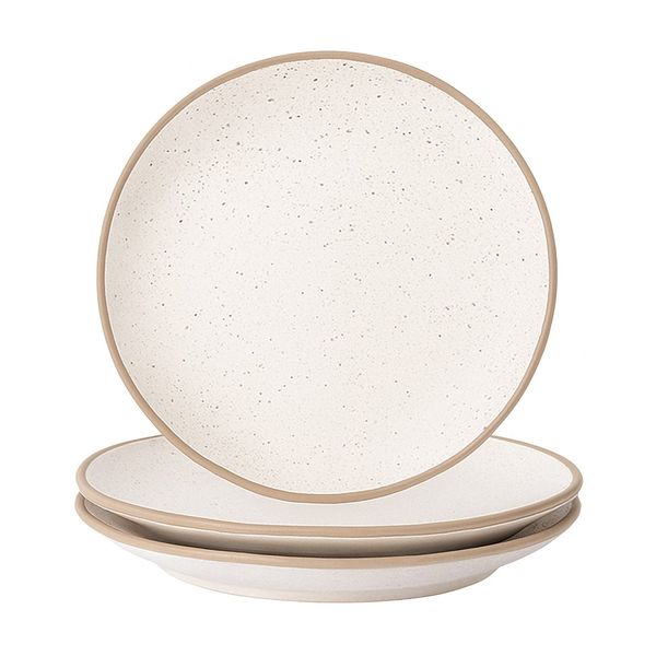 3 Piece Minimalist Ceramic Dinner Plate Set with Beige Rim - Plain White
