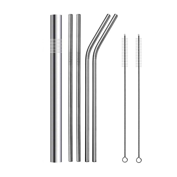Reusable Stainless Steel Thin &amp; Thick Silver Drinking Straws - 7-Piece