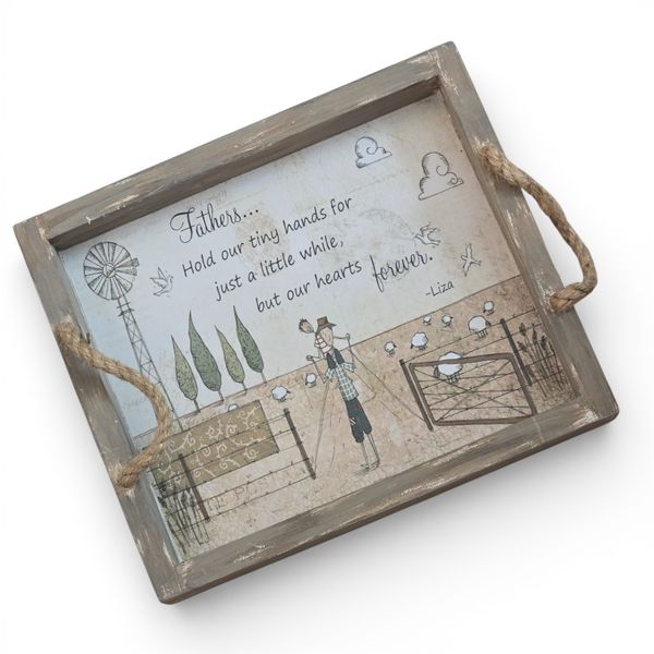 Fathers Hold Our Hearts Wooden Tray with Rope Handles