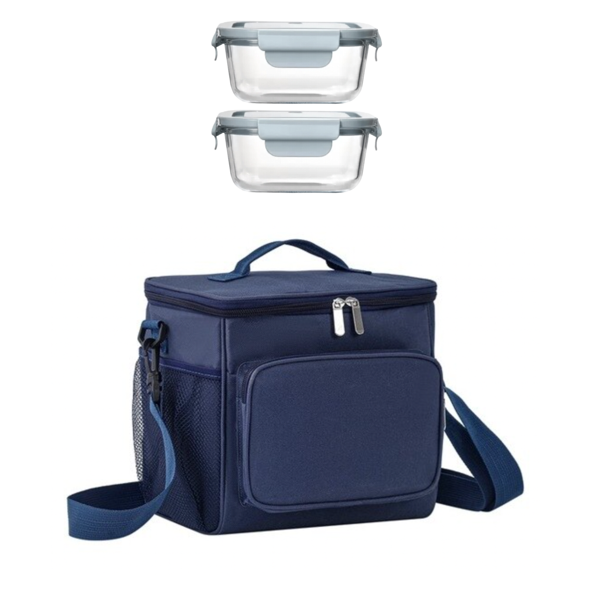 Thermal Insulated Lunch Cooler Bag With Strap + 2 X 500ml Glass 