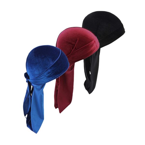 Kingdushi 3 Pack Long-Tail Velvet Durag Turban Hat Pagoda Durag Pirate Hat