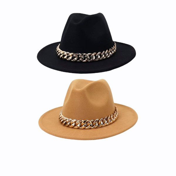 Pack of Black and Beige Felt Brimmed Hat With Chain