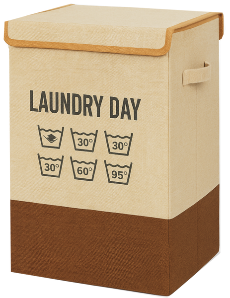 60-Litre Foldable Fabric Laundry Basket with Lid - Beige &amp; Brown