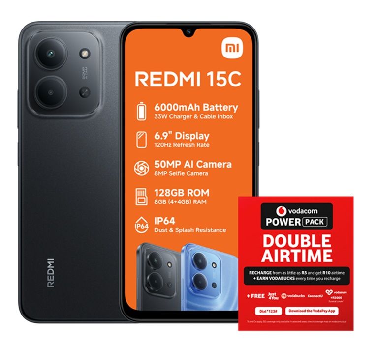 Xiaomi Redmi 15C 128GB LTE Dual Sim - Black + Vodacom SIM Card Pack