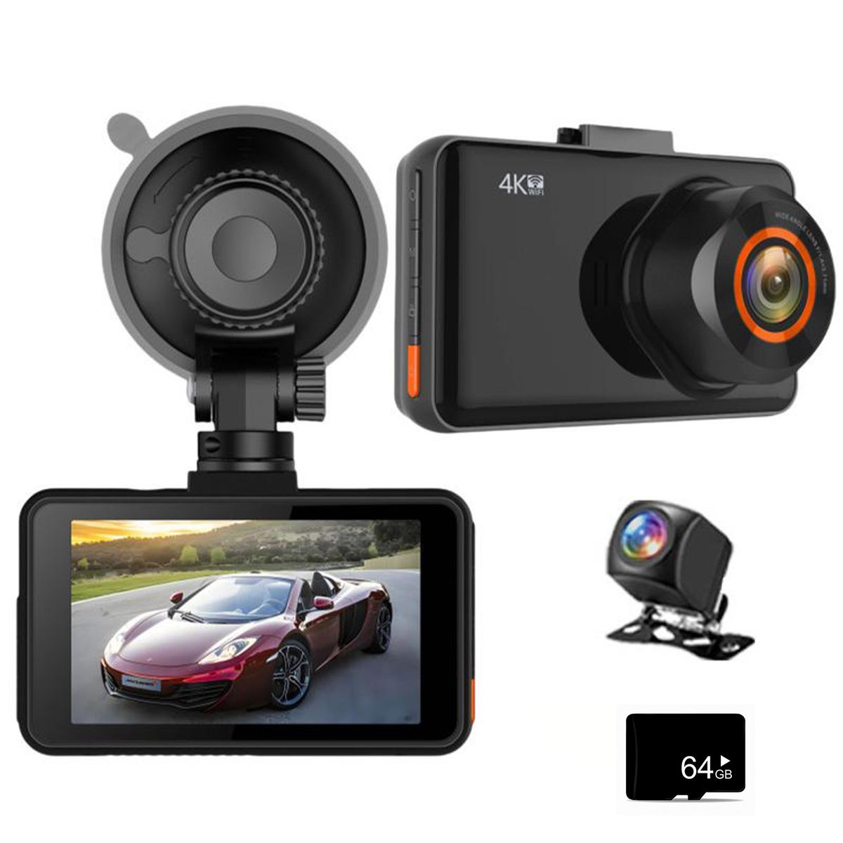4K Dual Dash Cam with 64GB Card - UHD Front/Rear Camera & WiFi