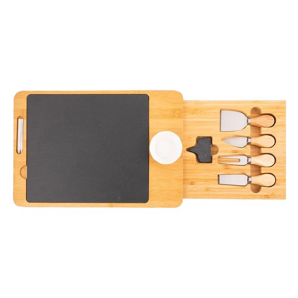 Bamboo Cheese Board Set Slate Cheese Tray Set with Chalk and Knives