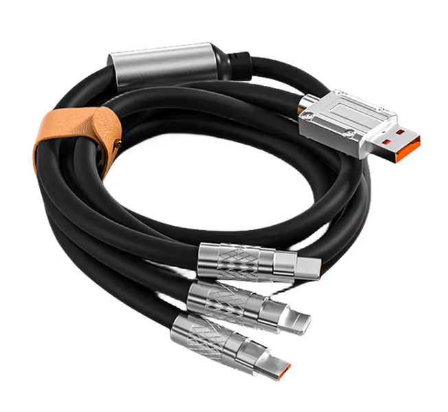 3-In-1 Soft Silicone LED USB Charging Cable Thick Cable - 6A - Black