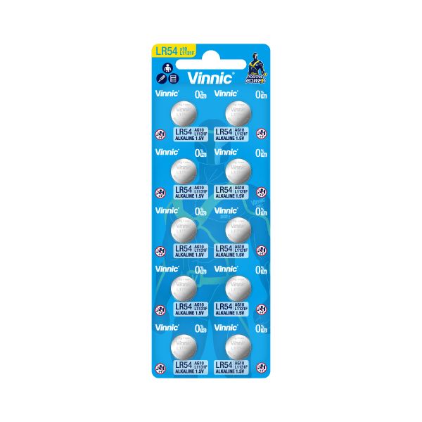 Vinnic Alkaline Button Cell Battery LR54 AG10 / L1131F (1.5V) - Pack of 10