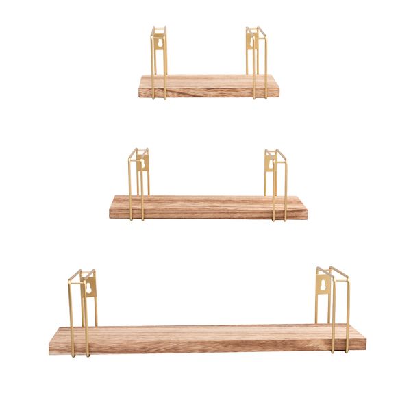 Set of 3 Floating Wood Shelves with Gold Wire Frames - Modern Wall Storage