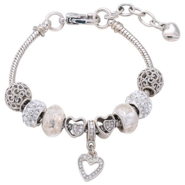1 Piece -Rhinestone Heart Charm Bracelet With Various Beads -Silver &amp; White