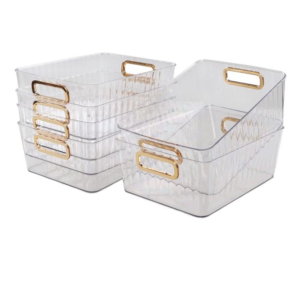 6PCS Clear Storage Bins Household Storage Basket with Handle -28x21x10CM