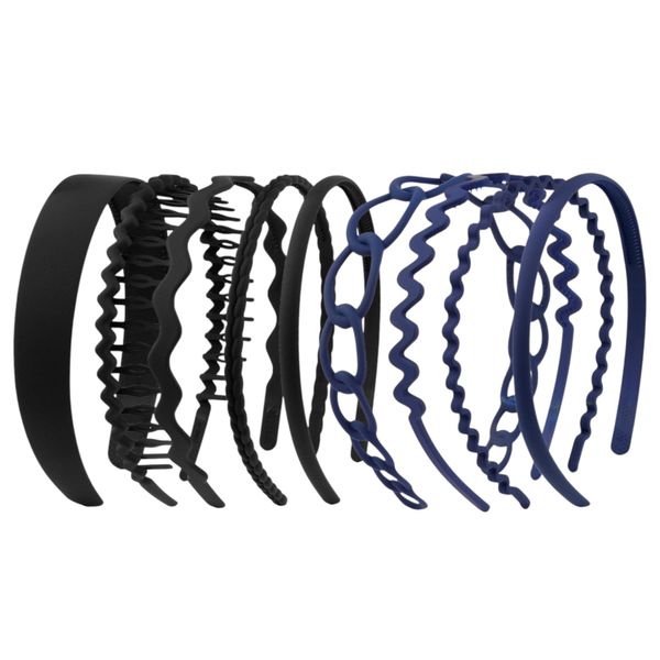 9 Pack Matte Toothed Headband Set With Non-Slip Grip - Black &amp; Navy