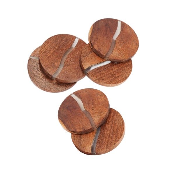 6 Piece - Acacia Wood With Resin Detailing Coaster Set - Brown