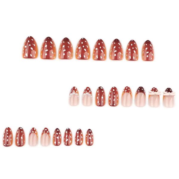 Cute Brown Polka Press on Nails Short Almond with White Polka Dots