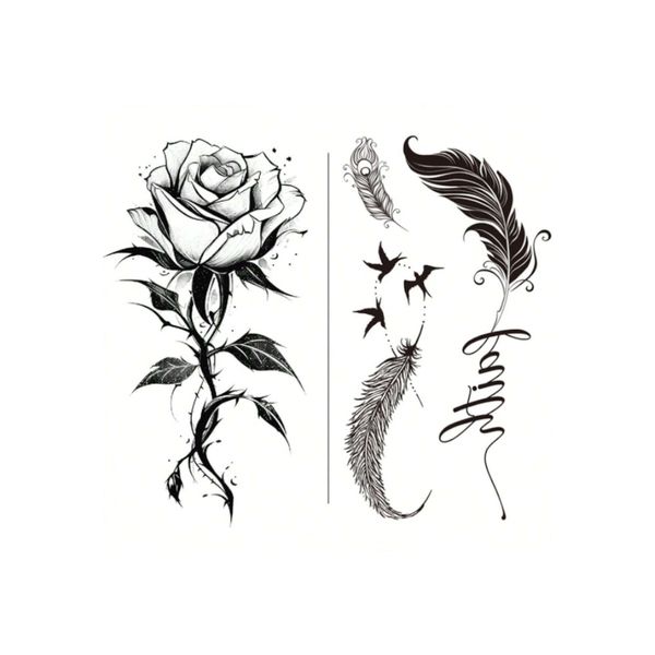 Elegant Rose And Feather Design Temporary Body Art Tattoo - Black