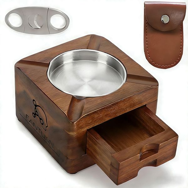 FANTUAN 4-Slot Solid Wood Cigar Ashtray Bring Drawers Cigar Cutter