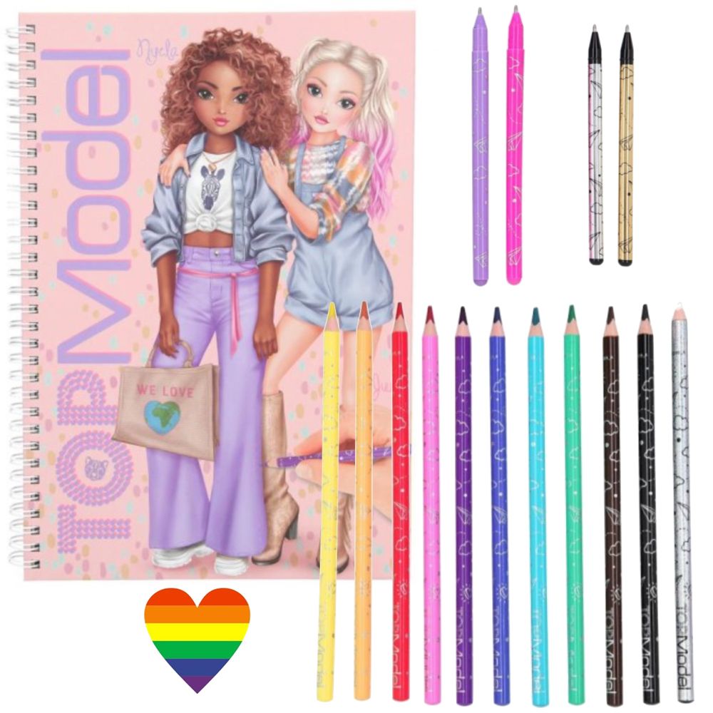 Top Model Design Colouring Book With Pens, Pencils & Rainbow Heart