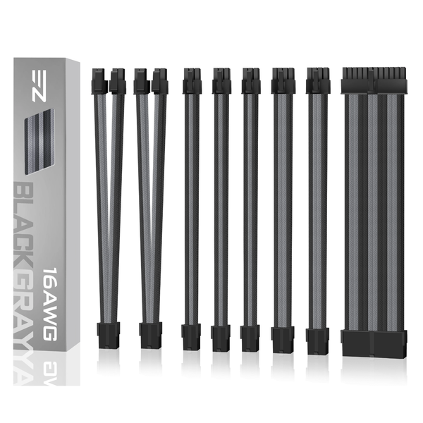 EZDIY-FAB 16 AWG PSU Premium Nylon Sleeved Extension Cable Kit -Black/Grey
